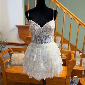 Sherri Hill White Lace Corset Ruffle Short Formal Dress